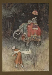 8. tábla: "Hirtelen egy elefánt pompásan átfutott az útjába", a Folk-Tales of Bengal... Warwick Goble 32 színes illusztrációjával (Edition de luxe)