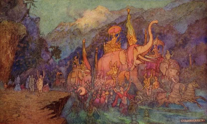 A tizennyolc napos csatában megölt hősök visszatérése, illusztráció Donald A. Mackenzie „Indian Myth and Legend” című művéből, 1913-ban.