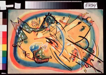 Kompozíció, körút (kompozíció, tájkép) - Színes, nem reprezentatív ábrázolás, ahol épületek és hegyek jelennek meg - Wassily Kandinsky (vagy Wassily Kandinski vagy Kandinskij) munkája
