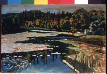 "A folyó ősszel" (A folyó ősszel) Wassily Kandinsky (vagy Wassily Kandinski vagy Kandinskij) festménye