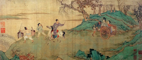 Chang diák búcsúzik szerelmétől, Ying Yingtől a pihenőpavilonban, a "Xi Xiang Ji" illusztrációjának részlete