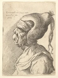 Egy deformált nő mellképe kúpos kalappal és két lelógó copfbal, balra, 1665.