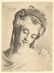 Kidolgozott fejdíszes fiatal nő mellszobra lefelé néz., 1625-77.