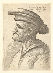Idős férfi mellszobra alsó ajkához érő orral, széles lapos sapkát viselő profilban, t..., 1665.