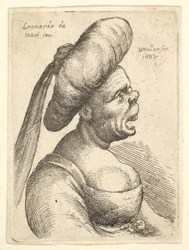 Tágra nyitott szájú, felfelé fordított orrú, nagy lapos turbánt viselő nő mellképe, 1665-ben.