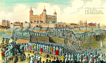 Első angol forradalom (1641-1649): Thomas Wentworth de Strafford (1593-1641) angol politikus kivégzése 1641. május 12-én a londoni Tower Hillben. Hollar Vencel (1607-1677) metszete 17. századi magángyűjtemény