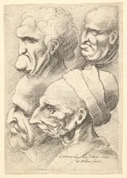 Négy groteszk fej profilban balra, 1625-77.