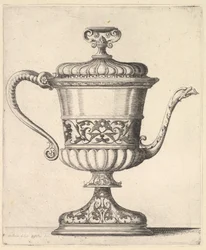 Fedős kancsó arabeszk mintával, keskeny kifolyója jobbra kígyóval végződik..., 1625-77.