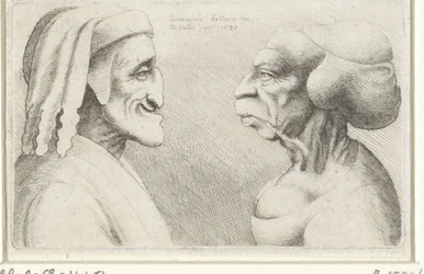 Egy kalapos férfi (Dante?) és egy nő deformált karikatúrafejei Varie figurae et probae (sorozat címe) Karikatúrák, fejek és deformitások Leonardo da Vinci után (sorozat címe)