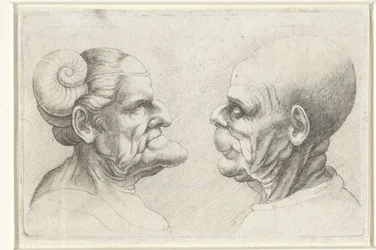 Egy kopasz férfi és nő deformált feje szarvakkal a fejükön Varie figurae et probae (sorozat címe) Karikatúrák, fejek és deformitások Leonardo da Vinci után (sorozat címe)