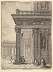 Templomudvar figurákkal, idősebb David Teniers nyomán, 1625-77.