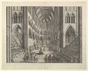II. Károly király koronázása a Westminster-apátságban, 1661. április 23. (John Ogilby "The Entertainment of...Charles II" című művéből, London, 1662)