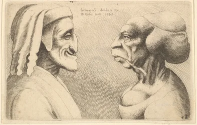 Két deformált fej A bal oldali ábra valószínűleg Dante 1645-ös karikatúrája.