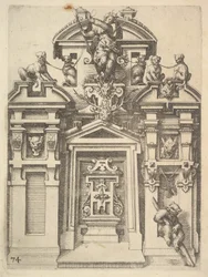 Tervezés egy vadászati témájú építészeti szerkezethez, Dietterlin Ar... 74. táblája, 1598.