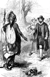 Egy narragansetti harcos fogadása, John Winthrop, Massachusetts, 1630-as évek, 1880
