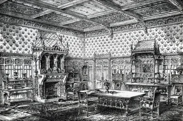 Tervezés egy gótikus étkezőhöz, megjelent a The House-Furnisher & Decoratorban, 1872. szeptember 1.