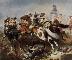 Lovassági csata Rossbachnál, 1757. november 5. (nagyított színes litográfia)