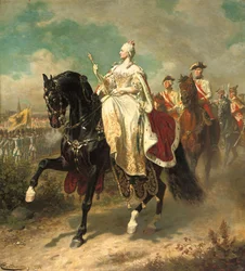 Mária Terézia lóháton, osztrák csapatokat vizsgál, 1884