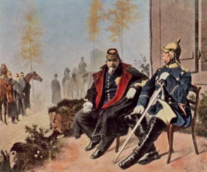 III. Napóleon és Bismarck a doncheryi szövőház előtt, 1870. szeptember 2. (nagyított színes litográfia)