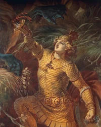 Sigurd a Gram karddal megöli Fafnir sárkányt, részlet, a Sigurd-sagából, Alsó csarnok, 1882-83 körül (falfestmény)