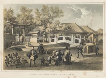 Vágott kő hídja és a templom bejárata, Simoda, 1855