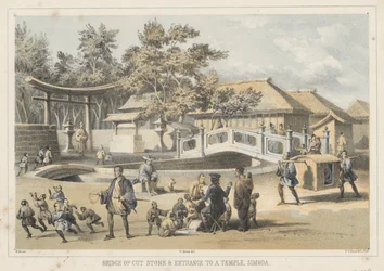 Vágott kő hídja és a templom bejárata, Simoda, 1855