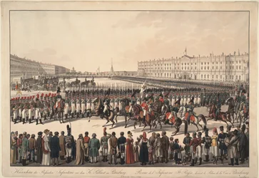Az orosz gyalogság áttekintése a szentpétervári Palota téren, 1809-1813