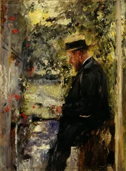 Reindl állatorvos a lugasban, 1890 körül (olaj, mahagóni fa)