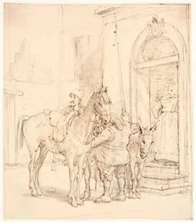 Don Quijote és Sancho Panza a kocsmán kívül