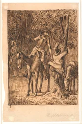 A Tükörlovaggal való küzdelem előtt Don Quijote felsegíti Sancho Panzát egy fára
