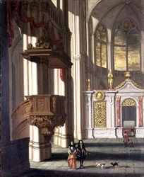 Templombelső elegáns figurákkal (olaj, panel)