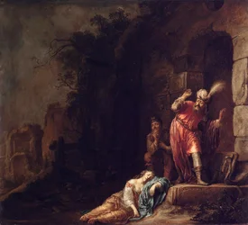 ""Efraim lévitája"" A lévita felfedezi szeretettje élettelen testét, akit banditák bántalmaztak (A lévita ágyasának halála) Willem Bartsius (Bartius) festménye (1612-1657)