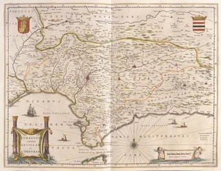 Andalúzia és Sevilla városa, Gibraltári-szoros, Willem Blaeu "Theatrum Orbis Terrarum, sive Atlas Novus" című művében, Amszterdam.