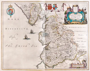 Lancaster és Lancastshire, a Willem Blaeu által készített "Theatrum Orbis Terrarum, sive Atlas Novus"-ban (Amszterdam).