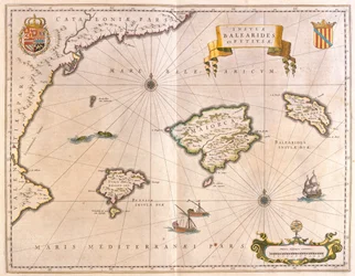 Mallorca, Menorca és Ibiza, beleértve Katalónia és Valencia partjait, Willem Blaeu, Amszterdam, "Theatrum Orbis Terrarum, sive Atlas Novus" című művében.