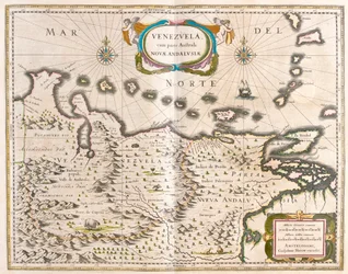 Venezuela, Trinidad, Tobago, Tortuga, Antillák , Karib-térség, Willem Blaeu, Amszterdam, "Theatrum Orbis Terrarum, sive Atlas Novus" című kötetében.