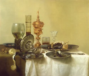 Csendélet poharakkal, tányérokkal és étellel, 1638