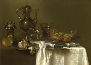 Csendélet: ón, ezüst edények és egy rák, 1636 körül