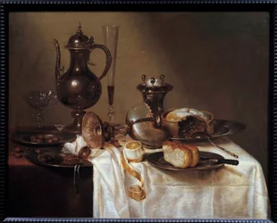 Csendélet a hajózásnál. Ezüst edényekkel, kenyérrel, borfuvolával, lepénnyel és hámozott citrommal borított asztal. Willem Heda (1594-1670) festménye 1642 Saint Etienne, Szépművészeti Múzeum