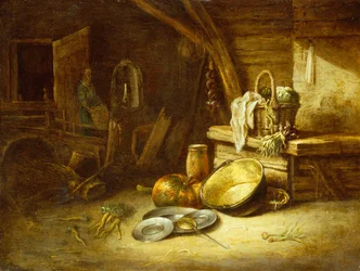 Konyha zöldségekkel fonott kosárban, óntányérokkal és sütőtökkel (olaj, réz)