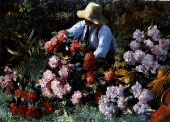 Rododendronok. Egy kertész gondozza virágait a kertben. Willem Roelofs (1822-1897 holland) festménye Magántulajdon.