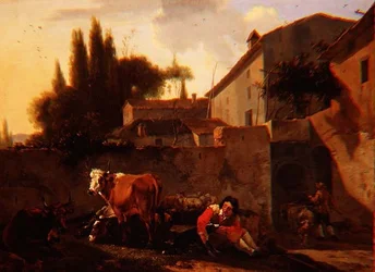 Pásztor és szarvasmarha egy olasz farm udvarán