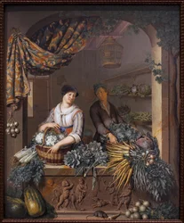 Zöldségárus. Willem van Mieris (1662-1747) festménye, olaj, fa