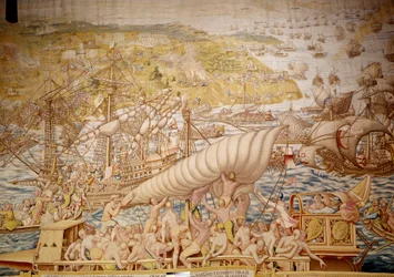 Tunisz meghódítása V. Károly császár által: Golette székhelye 1535-ben. Részlet Willem de Pannemaker kárpitjáról (aktív 1535-1554 körül) 1554 Alcazar de Sevilla