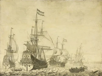 Tengeri táj holland háborús férfiakkal, beleértve a Drenthét és Frederick-Henry herceget, 1670 körül (festmény a táblán)