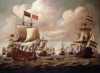 Az angol és a holland flotta üdvözlő sortüzet vált a tengeren, előtérben a „Prince” és a „Gouden Leeuw”, 1684