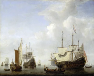 Egy holland hajó horgonyt vet, valószínűleg Frederik Hendrik orániai herceg (1584-1647) hajója. Olaj, vászon, 1658 körül, Willem van de Velde (1633-1707) alkotása.