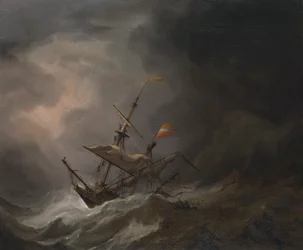 Egy mediterrán brigantin viharban a sziklás partra sodródik, 1700 körül (olaj, vászon)