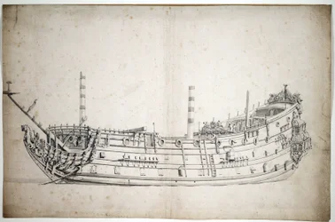 A "Triumph" (vagy "Szent György") hajó portréja, 70 ágyú, 1623-ban épült, Neptunuszt és két csikóhalat ábrázoló főalakkal, három teljes fedélzettel.