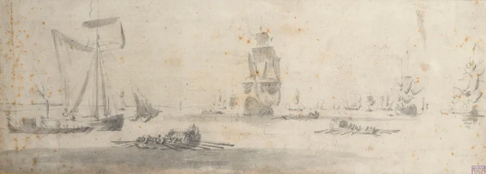 Egy gálya könnyű levegőben és több bárka, 1681 körül (grafit, szürke mosás)